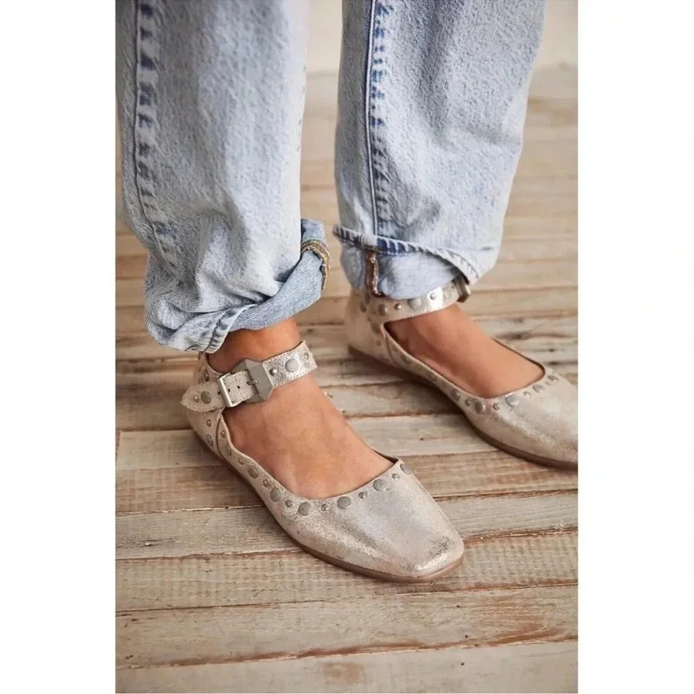 New Free People Mystic Mary Jane Flats Studded Yellow 7 - Picture 1 of 15